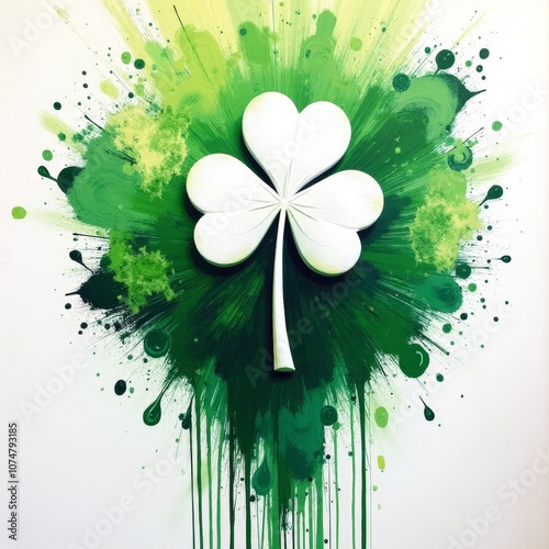 Vibrant white shamrock on explosive green backdrop - perfect for St. Patrick's Day designs, Irish-themed websites, luck-inspired greeting cards, and festive presentations