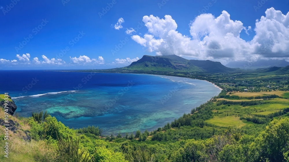 Stunning Coastal View with Lush Greenery and Blue Skies Stunning Coastal View with Lush Greenery and Blue Skies