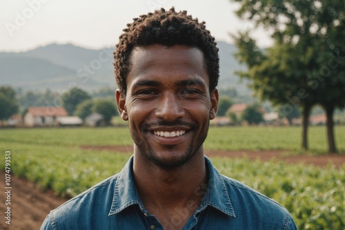 Close portrait of a smiling young Lesothan male farmer standing and looking at the camera, outdoors Lesothan rural blurred background