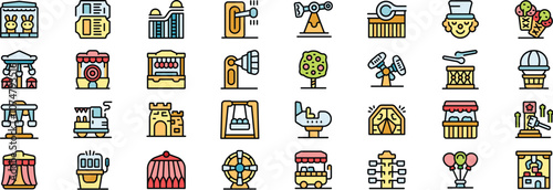 Colorful icons representing various attractions and activities found in amusement parks, creating a vibrant and joyful atmosphere