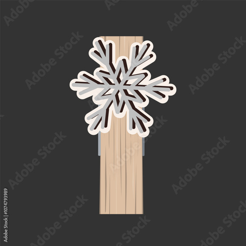 Small Wooden Clothes Peg decorated with snowflake. Isolated design element for Winter pins. Vector illustration of Clothespin