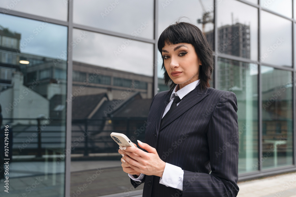 Confident woman in a suit checking her smartphone outside a modern urban building during the day Confident woman in a suit checking her smartphone outside a modern urban building during the day