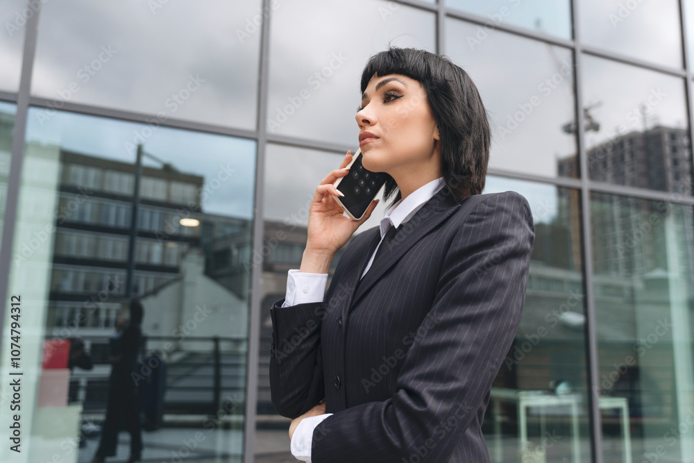 Businesswoman speaking on the phone outdoors in front of a modern building during an overcast day Businesswoman speaking on the phone outdoors in front of a modern building during an overcast day