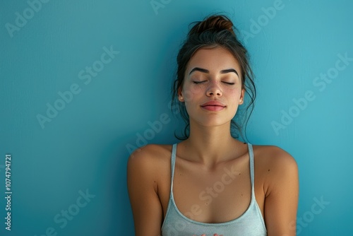 Woman meditating over blue background photo