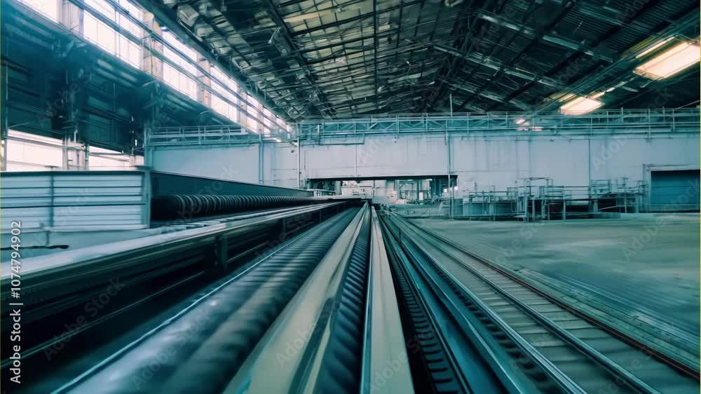 A large industrial conveyor belt moving products in a factory, showcasing efficient and automated production. Ideal for industrial or technology themes. A large industrial conveyor belt moving products in a factory, showcasing efficient and automated production. Ideal for industrial or technology themes.