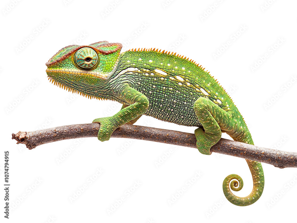 Fototapeta premium Green chameleon on branch isolated on transparent background
