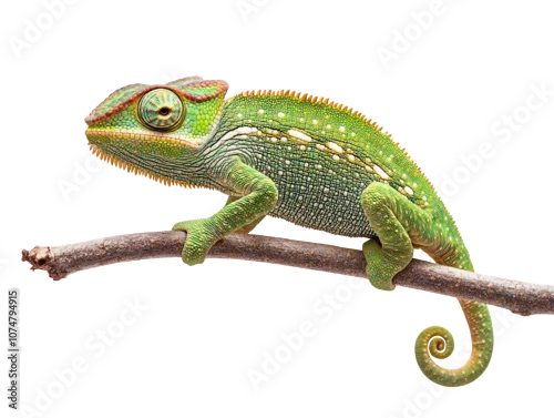 Obraz Green chameleon on branch isolated on transparent background