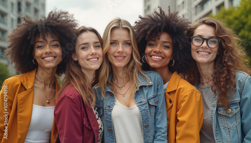  Stylish diverse group of women enjoying day out in the city