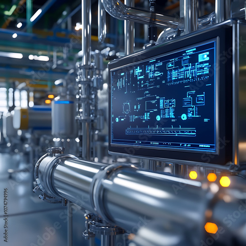 High tech gas processing facility featuring digital monitoring system, showcasing advanced machinery and sleek stainless steel pipes