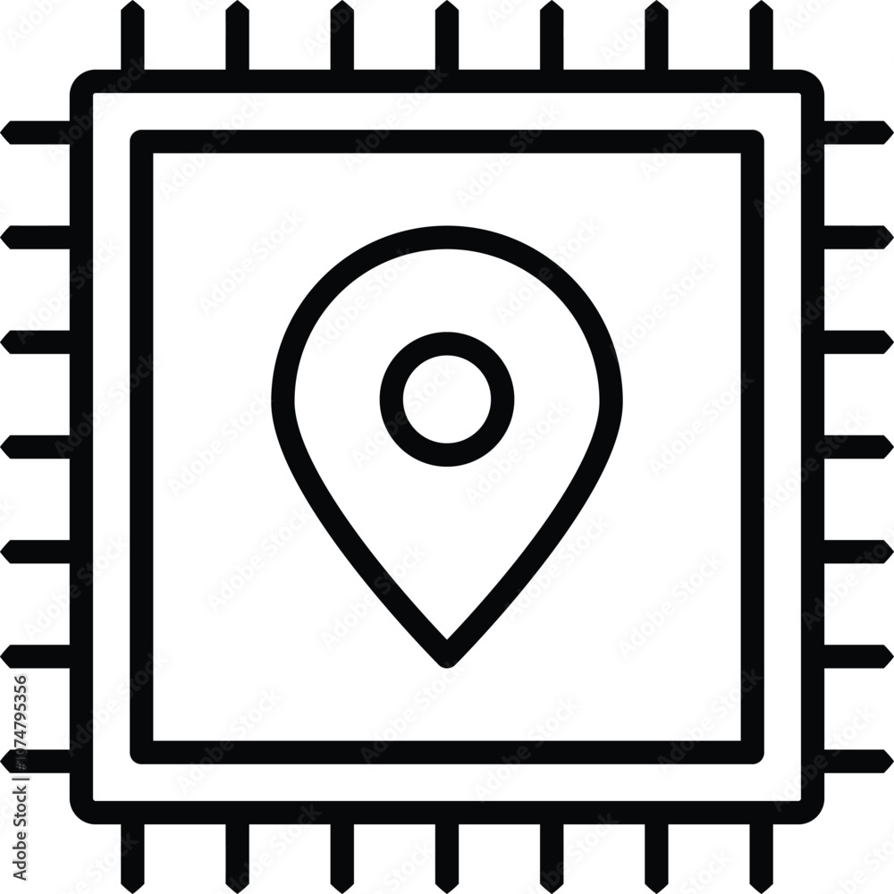 Proximity Computing Icon – Location Pin with a Microchip. Black Vector outline style Proximity Computing Icon – Location Pin with a Microchip. Black Vector outline style