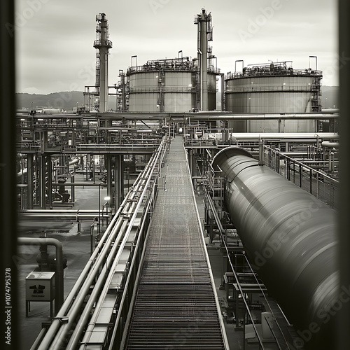 Industrial gas processing plant with large tanks and pipelines, showcasing complex network of infrastructure. scene conveys sense of scale and industrial efficiency