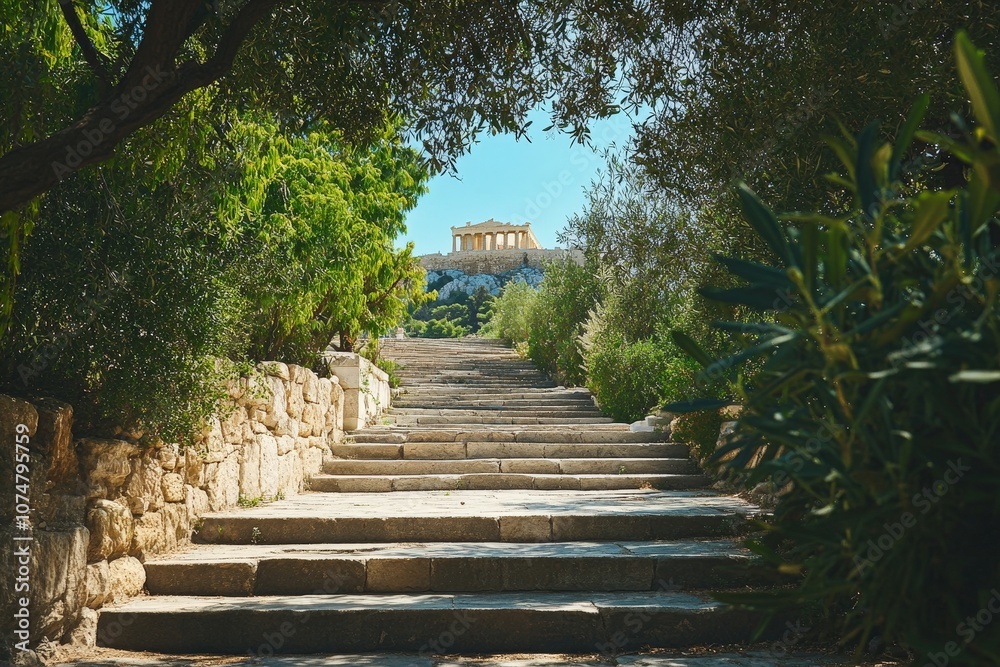 Stone steps leading up to the Acropolis, framed by lush greenery and trees, with the iconic Parthenon visible at the summit under a clear blue sky Stone steps leading up to the Acropolis, framed by lush greenery and trees, with the iconic Parthenon visible at the summit under a clear blue sky