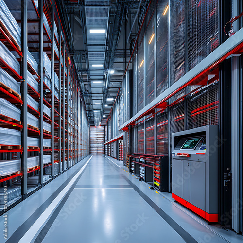 Modern automated storage facility featuring high density shelving and advanced retrieval systems, showcasing efficiency and organization in sleek environment