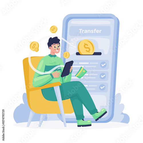 A man transfers money digital banking transaction vector illustration