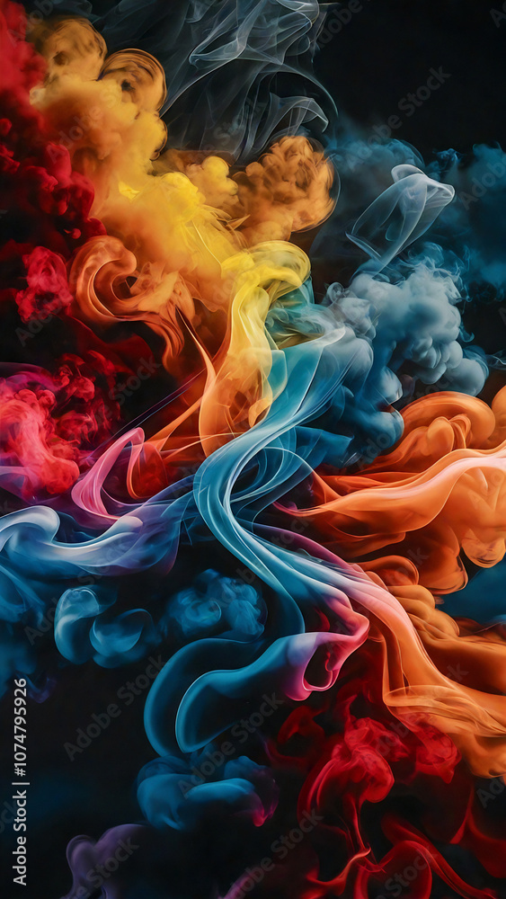 Obraz premium Wallpaper. A captivating abstract art that immerses the viewer in a world of vivid, swirling colors. The background showcases a harmonious blend of fiery red, yellow, blue, and orange flames