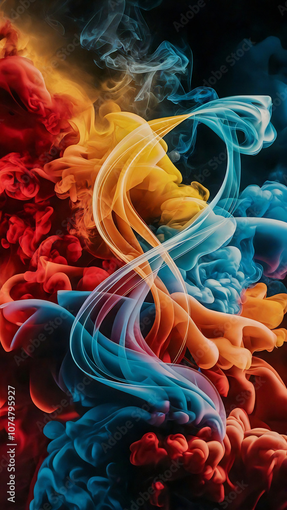 Wallpaper. A captivating abstract art that immerses the viewer in a world of vivid, swirling colors. The background showcases a harmonious blend of fiery red, yellow, blue, and orange flames Wallpaper. A captivating abstract art that immerses the viewer in a world of vivid, swirling colors. The background showcases a harmonious blend of fiery red, yellow, blue, and orange flames