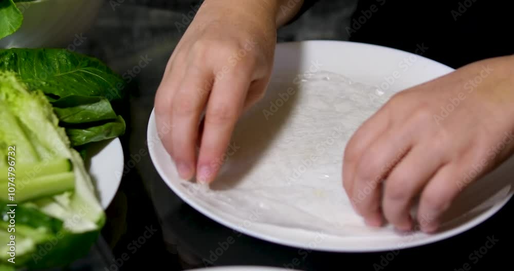 Spring roll with chicken or shrimps in rice paper with sweet and sour sauce close-up, cooking traditional korean chinese food. spring rolls making process step by step Spring roll with chicken or shrimps in rice paper with sweet and sour sauce close-up, cooking traditional korean chinese food. spring rolls making process step by step