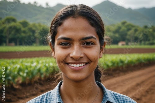 Close portrait of a smiling young Mauritian female farmer standing and looking at the camera, outdoors Mauritian rural blurred background photo