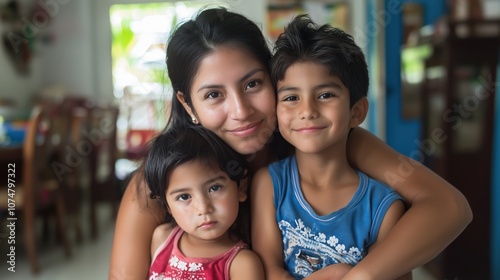 Portrait of mom and children at home-mom hugging hers two children in the living room of her house-single mother with her children-happy little family-Hispanic family