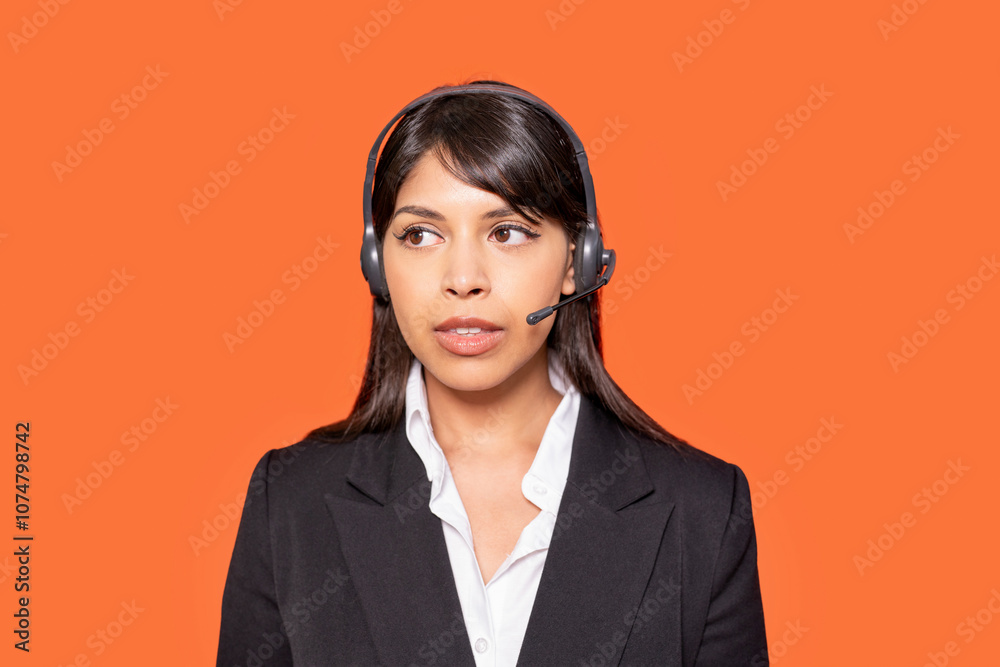 Professional woman in headset engages with clients in a modern office against a vibrant orange background during the workday Professional woman in headset engages with clients in a modern office against a vibrant orange background during the workday