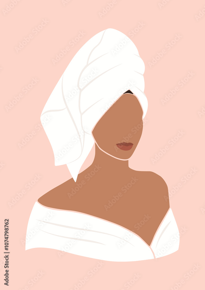 abstract no face portrait of a confident beautiful girl with a towel wrapped around her head, self care, spa day concept, isolated vector illustration
