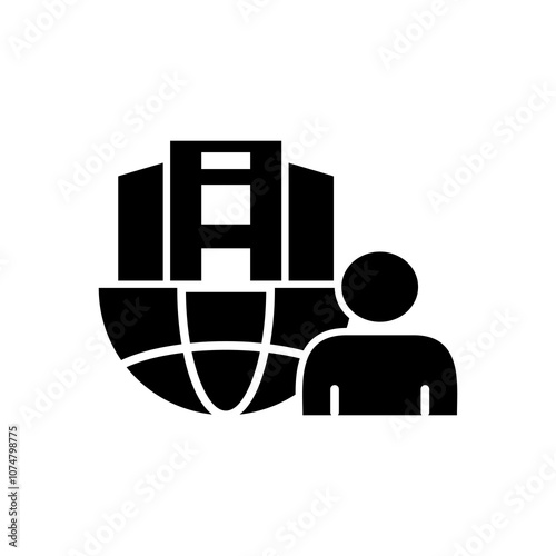 icon Building, globe, person representing global business and workforce. Suitable for global business concepts, international work environment, diversity.VECTOR EPS10 file.