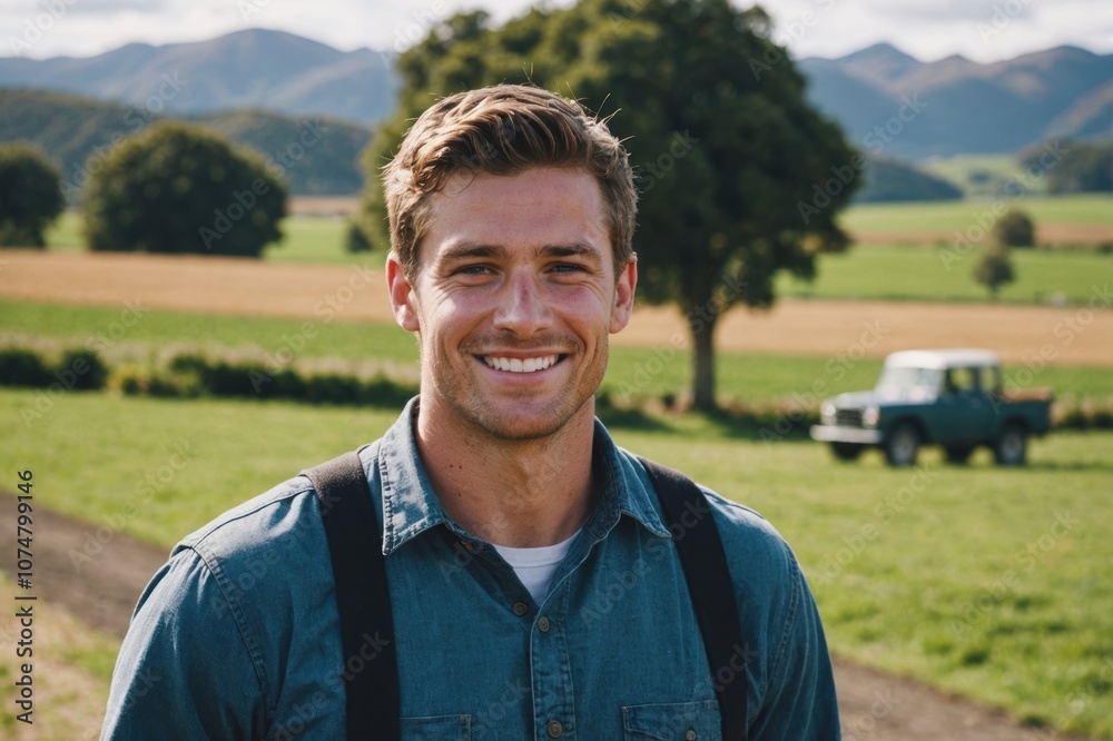 Close portrait of a smiling young New Zealander male farmer standing and looking at the camera, outdoors New Zealander rural blurred background Close portrait of a smiling young New Zealander male farmer standing and looking at the camera, outdoors New Zealander rural blurred background
