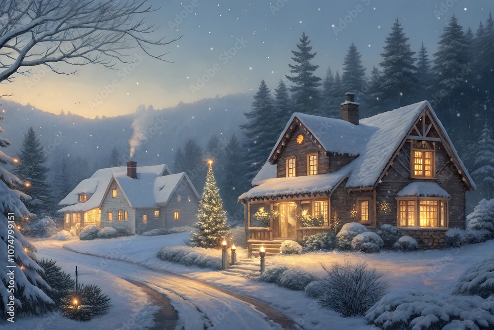 Naklejka premium Cozy Christmas Card Background with Snowy Winter Village and Glowing Lights