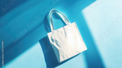 White Tote Bag on Blue Background photo