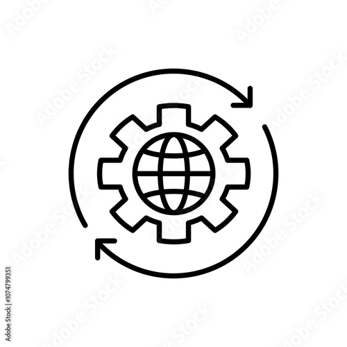 icon Gear symbol with globe surrounded by arrows in a circular formation. Suitable for global technology, communication, and connectivity concepts.