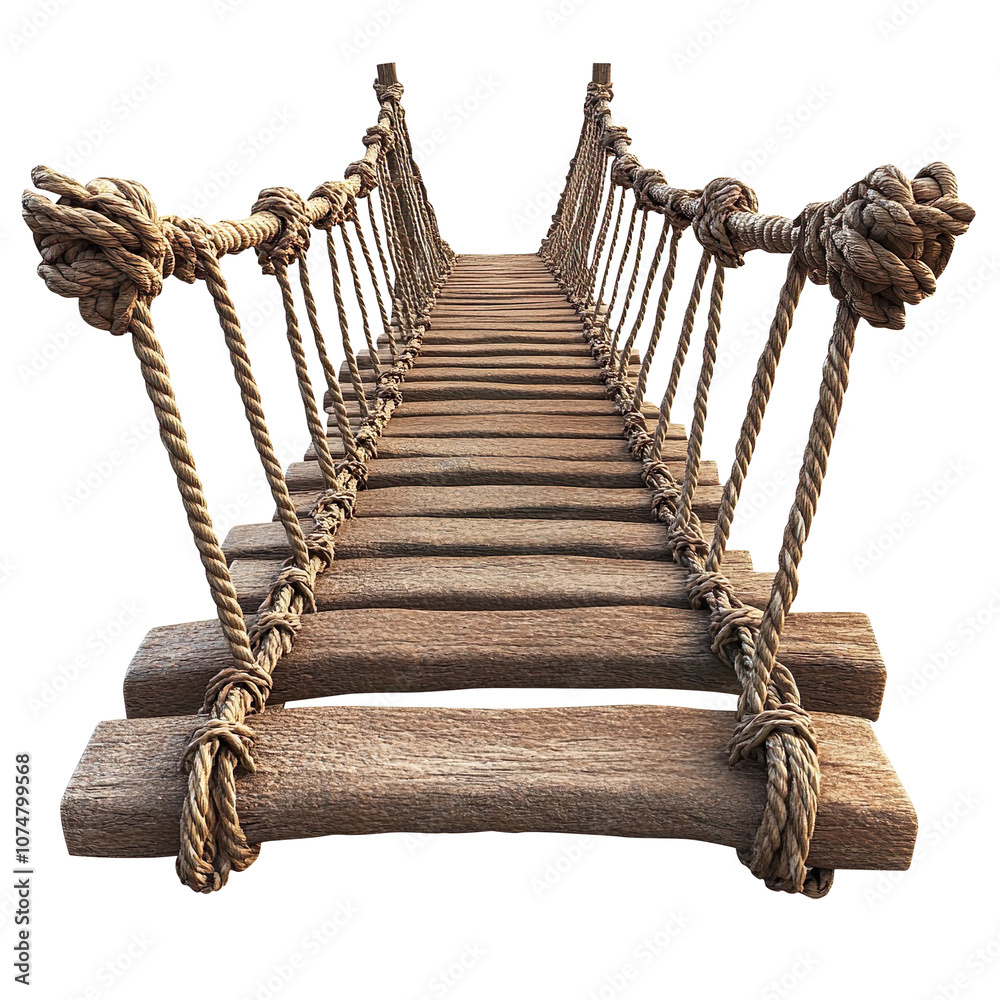 Obraz premium Jungle hanging bridge made of ropes and wooden planks isolated on transparent background