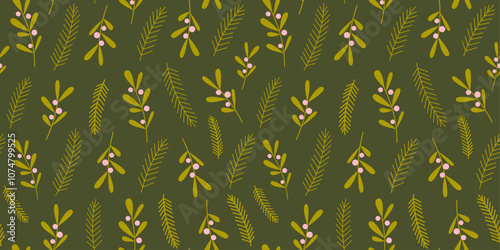 Christmas greenery seamless pattern. Floral winter branches, arrangement, bouquet. Retro vintage Christmas. Festive fancy background. New year. Wallpaper, digital paper, banner. Vector.