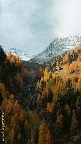 Obraz na płótnie Stunning mountain scenery in fall with old farmhouse at sunrise, Osttirol region, Tyrol, Austria w salonie