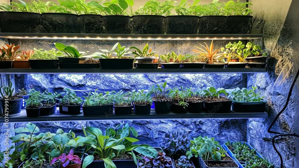 A variety of plants are growing under LED lights in a home greenhouse A variety of plants are growing under LED lights in a home greenhouse