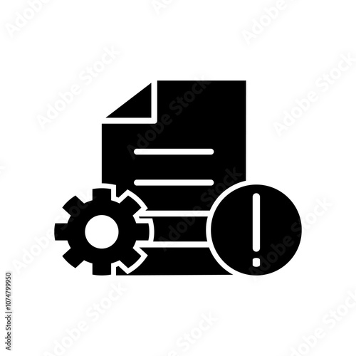 icon Document featuring a gear and exclamation mark, suitable for technology blogs, innovation articles, and engineering concepts. Mechanical alert symbol.