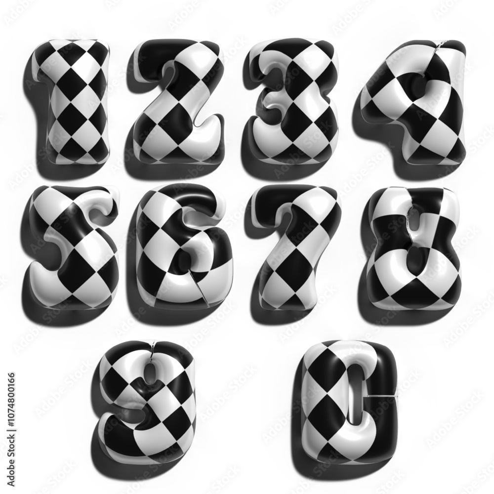 Números 3D 0-9 estilo globo en blanco y negro con texturas tipo pepita y un diseño minimalista y elegante