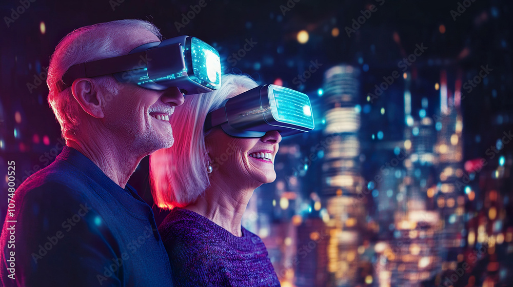 Elderly couple enjoying virtual reality experience with headsets, surrounded by futuristic cityscape at night Elderly couple enjoying virtual reality experience with headsets, surrounded by futuristic cityscape at night