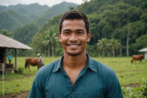 Close portrait of a smiling young Palauan male farmer standing and looking at the camera, outdoors Palauan rural blurred background