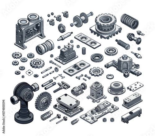 Isometry gears machinery parts. Bushings brackets metal plates invention hinges cardan shafts bolts nuts shim spare details, isolated vector illustrations on white background