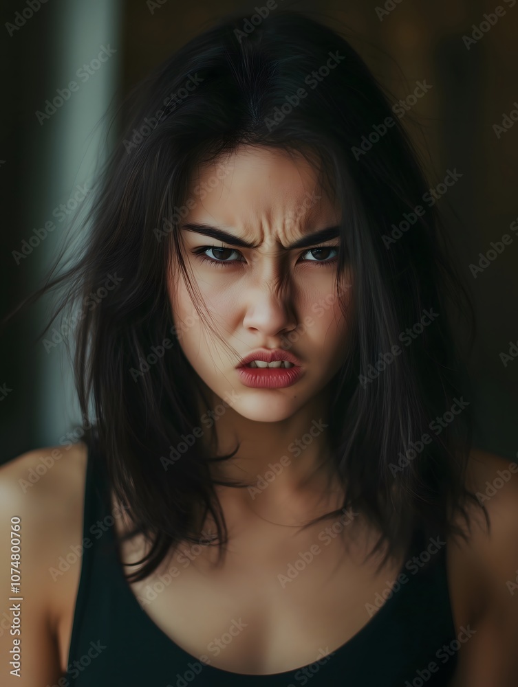 Angry Serious Aggressive Asian Woman Emotional Girl Portrait Angry Serious Aggressive Asian Woman Emotional Girl Portrait
