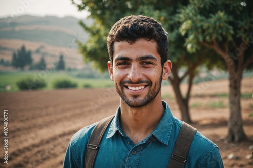 Close portrait of a smiling young Palestinian male farmer standing and looking at the camera, outdoors Palestinian rural blurred background