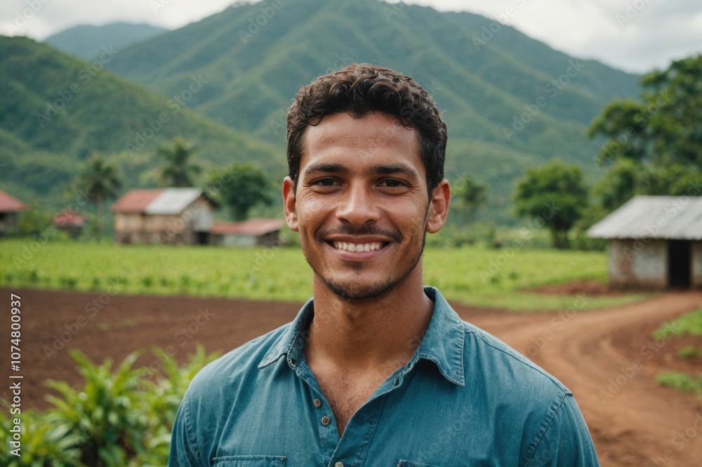 Close portrait of a smiling young Panamanian male farmer standing and looking at the camera, outdoors Panamanian rural blurred background Close portrait of a smiling young Panamanian male farmer standing and looking at the camera, outdoors Panamanian rural blurred background