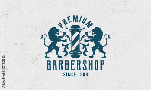 Barbershop logo with lions silhouettes. Barbershop heraldic, crest logo. Poster for barbershop. Vintage print for Haircut's salon, T-shirt, typography. Vector graphic template