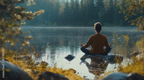 Man meditating by a lake