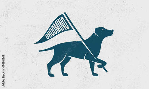 Grooming Salon - logo, poster concept. Logo of Pet Groom with dog and flag silhouette. Dog Grooming logo template. Grunge texture. Vector illustration