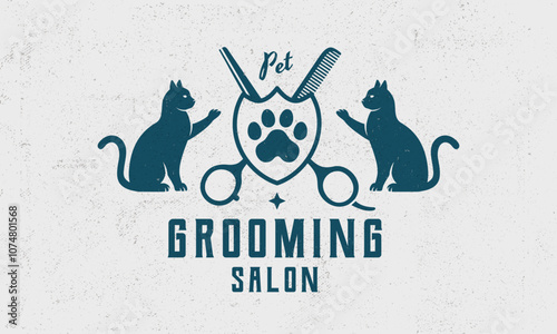 Grooming Salon - vintage logo concept. Logo of Pet Groom, Barber with Cats and scissors silhouettes. Cat Grooming logo template. Grunge texture. Vector illustration