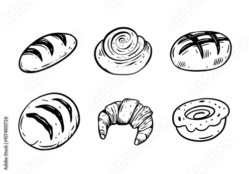 An assortment of hand-drawn bakery pastries and various types of delicious breads
