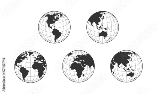 World globes set. Europe, Asia, America, Oceania globe maps with sphere grid. Earth globe icons isolated on white background. Vector illustration.