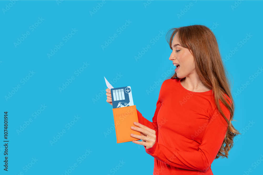 Young woman excitedly opens an envelope revealing travel documents against a bright blue background Young woman excitedly opens an envelope revealing travel documents against a bright blue background
