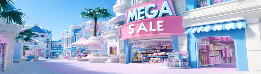 vibrant shopping street with bold MEGA SALE sign, featuring pastel colored storefronts and palm trees under clear blue sky, creating lively and inviting atmosphere. vibrant shopping street with bold MEGA SALE sign, featuring pastel colored storefronts and palm trees under clear blue sky, creating lively and inviting atmosphere.